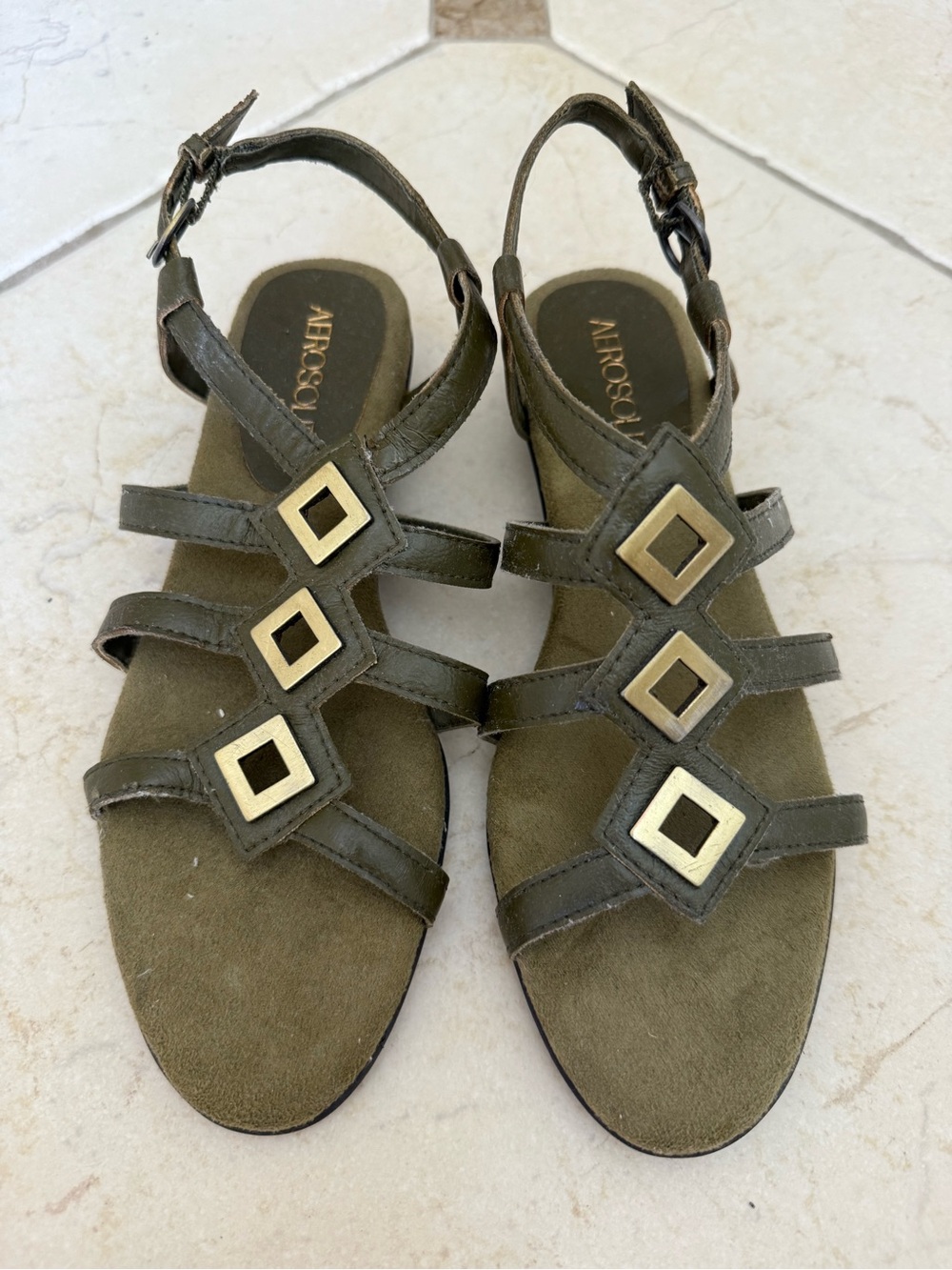 AEROSOLES Olive Strappy Sandals with Gold Square Accents